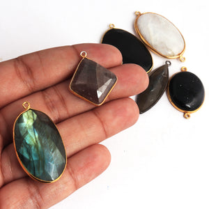 6  Pcs Mix Stone Faceted & Smooth  Oval -Cushion Shape 24k Gold Plated Pendant & Connector - 27mmx24mm-42mmx23mm  PC385 - Tucson Beads