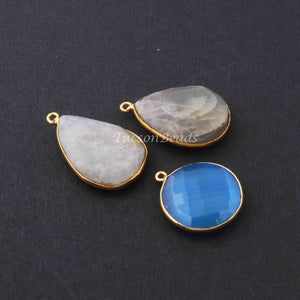 3 Pcs Mix Stone Faceted Round&Pear Shape 24k Gold Plated Pendant - 25mmx12mm-30mmx19mm-PC704 - Tucson Beads