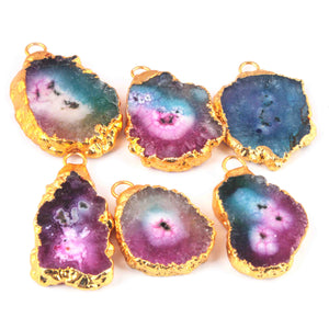 6 Pcs Multi Druzzy Drusy Agate Slice Pendant - Electroplated Gold Druzy Pendant - 39mmx25mm-34mmx21mm DRZ355 - Tucson Beads