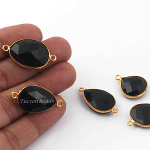 5 Pcs Black Onyx  24k Gold Plated  Faceted Assorted Shape Gemstone Bezel Double Bail Connector- 19mmx16mm-27mmx14mm  PC656 - Tucson Beads