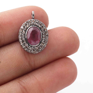 1 Pc Pave Diamond Natural Thai Ruby Oval Charm Pendant - 925 Sterling Silver- Diamond Pendant 18mmx12mm PDC1303 - Tucson Beads