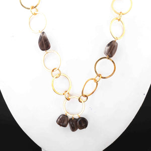 1 Necklace 24 K Gold Plated with Smoky Quartz Gemstone Copper Link Chain, Assorted Shape Ring Chain, 22mmx13mm-25mm-11mm 24 Inches, GPC1317 - Tucson Beads