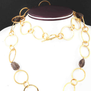 1 Necklace 24 K Gold Plated with Smoky Quartz Gemstone Copper Link Chain, Assorted Shape Ring Chain, 18mmx14mm-25mm-11mm 36 Inches, GPC1316 - Tucson Beads
