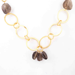 1 Necklace 24 K Gold Plated with Smoky Quartz Gemstone Copper Link Chain, Assorted Shape Ring Chain, 20mmx19mm-13mmx10mm-24mmx25mm-11mm 35 Inches, GPC1315 - Tucson Beads