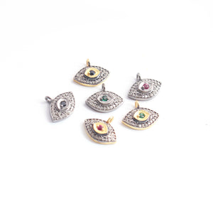 1 Pc Pave Diamond Center in Ruby, Emerald and Blue Sapphire  Evil Eye Charm 925 Sterling Silver & Vermeil Pendant - 13mmx10mm PDC1204 - Tucson Beads