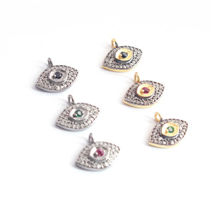 1 Pc Pave Diamond Center in Ruby, Emerald and Blue Sapphire  Evil Eye Charm 925 Sterling Silver & Vermeil Pendant - 13mmx10mm PDC1204 - Tucson Beads