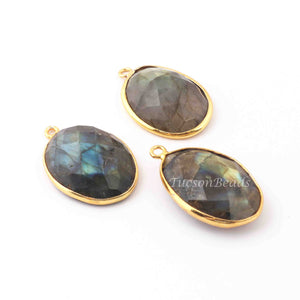3  Pcs Labradorite Faceted Oval Shape 24k Gold Plated Pendant- 26mmx18mm-PC693 - Tucson Beads