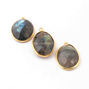 3  Pcs Labradorite Faceted Oval Shape 24k Gold Plated Pendant- 26mmx18mm-PC693 - Tucson Beads