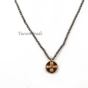 Natural Pyrite Round With Pave Diamond Cross Necklace, Sparkly Necklace ,Tiny Beaded 2mm, Necklace - 13mmx11mm (Charm) -18"Long OS003 - Tucson Beads