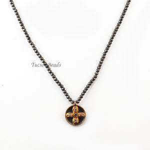 Natural Pyrite Round With Pave Diamond Cross Necklace, Sparkly Necklace ,Tiny Beaded 2mm, Necklace - 13mmx11mm (Charm) -18"Long OS003 - Tucson Beads