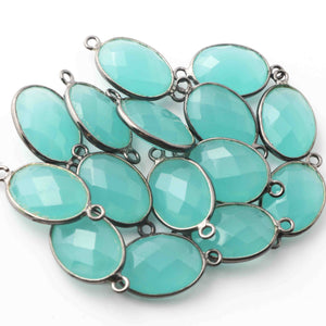 14 Pcs Aqua Chalcedony Oxidized Sterling Silver Gemstone Faceted Oval Shape Double Bail Connector -20mmx11mm  SS281 - Tucson Beads