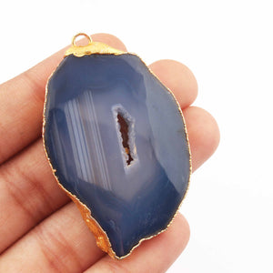 1 Pcs Blue Druzzy Geode Raw Drusy Agate Slice Pendant - Electroplated Gold Druzy Pendant DRZ104 - Tucson Beads