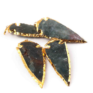 4 Pcs Green Jasper Arrowhead  24k Gold  Plated Charm Pendant -  Electroplated With Gold Edge 76mmx32mm-14mmx7mm - AR179 - Tucson Beads