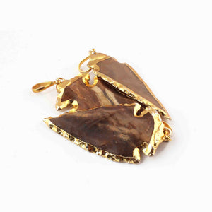 3 Pcs Shaded Brown Jasper Arrowhead  24k Gold  Plated Charm Pendant -  Electroplated With Gold Edge 54mmX25mm-59mmx25mm AR189 - Tucson Beads
