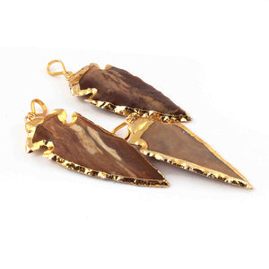 3 Pcs Shaded Brown Jasper Arrowhead  24k Gold  Plated Charm Pendant -  Electroplated With Gold Edge 54mmX25mm-59mmx25mm AR189 - Tucson Beads