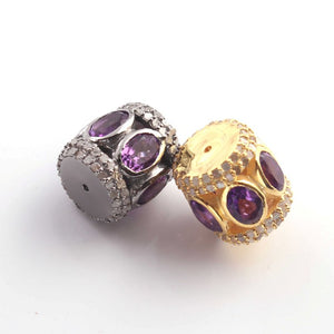 1 Pc Antique Finish Pave Diamond With Amethyst Filigree Drum Beads- 925 Sterling Silver & Yellow Gold Vermeil- 13mm PDC827 - Tucson Beads