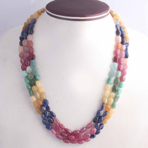 440 ct. 3 Strands Of Genuine Multi Sapphire Necklace - Smooth Oval Precious - Rare & Natural Necklace - Stunning Elegant Necklace SPB0246 - Tucson Beads