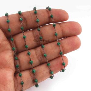 5 Feet Malachite Rondelles Rosary Style Oxidized  Silver plated Beaded Chain- 3mm- Black wire Chain SC378 - Tucson Beads