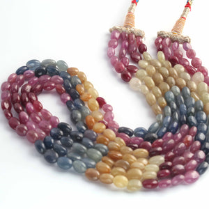 515ct.4 Strands Of Genuine Multi Sapphire Necklace - Smooth Oval Precious - Rare & Natural Necklace - Stunning Elegant Necklace SPB0243 - Tucson Beads