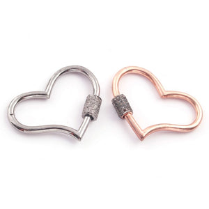 1 Pc Pave Diamond Heart Shape Carabiner- 925 Sterling Silver / Rose Gold - Diamond Lock with Screw On Mechanism 26mmx28mm GVCB001 - Tucson Beads