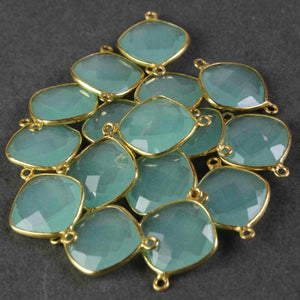 16 Pcs Beautifual Aqua Chalcedony Gemstone Faceted Cushion Shape 925 Sterling Vermeil Double Bail Connector -23mmx17mm SS063 - Tucson Beads