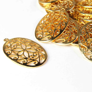 5 Pcs Gold Oval Charm Pendant- 24k Matte Gold Plated - Gold Oval With Filigree Design Pendant 38mmx24mm GPC111 - Tucson Beads