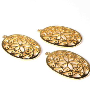 5 Pcs Gold Oval Charm Pendant- 24k Matte Gold Plated - Gold Oval With Filigree Design Pendant 38mmx24mm GPC111 - Tucson Beads