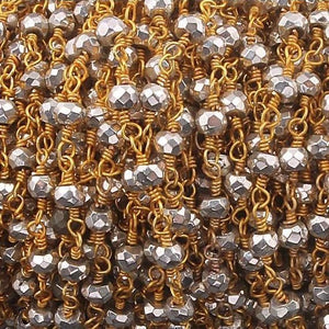 5 feet Silver Pyrite 3mm 24k gold Plated Rosary Style Beaded Chain -Beads wire wrapped chain BDG026 - Tucson Beads