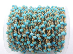 50 FEET Turquoise 3mm-3.5mm 24K Gold Plated Rosary Style Beaded Chain - BULK Wholesale Beads wire wrapped chain BDG095 - Tucson Beads