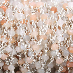 10 Feet Multi Moonstone 3-4mm Rosary Style Beaded Chain -- Beads wire wrapped 925 Silver Plated chain bds036 - Tucson Beads