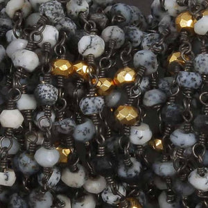 5 Feet Dendrite Opal and Gold Pyrite3mm Black Wire Wrapped Rosary Beaded Chain- Opal Pyrite Rosary Chain 3mm Bdb035 - Tucson Beads