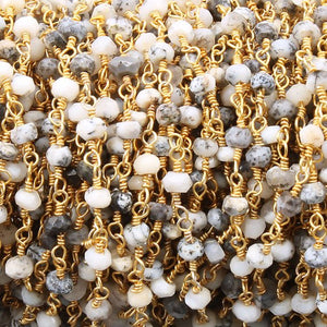 5 feet Dendrite Opal 3-4mm Rosary Style Beaded Chain -Opal Beads Wire Wrapped 24k Gold Plated Chain BDG035 - Tucson Beads