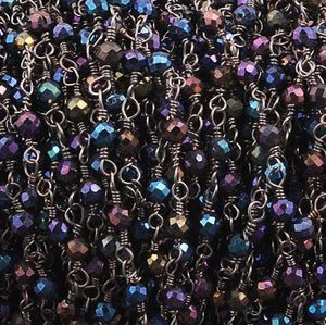 10 Feet Black Spinel Blue Coated 2mm Black Wire Wrapped Beaded Chain -Black Spinel Beads Rosary Style Beaded Chain Bdb065 - Tucson Beads