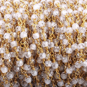 10 FEET White Zircon 3mm Rosary Style Beaded Chain - Zircon Beads wire wrapped 24k Gold Plated chain BDG060 - Tucson Beads