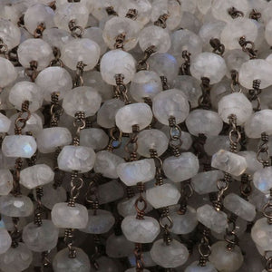 5 Feets White Rainbow Moonstone 5.5mm-6mm Black Wire Rosary Style Beaded Chain - Wire Wrapped Chain Bdb010 - Tucson Beads