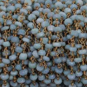 5 FEETS Blue Opal Rosary Style Beaded Chain - Bolder opal Faceted Rondelle Beads Wire Wrapped 24k Gold Plated Chain 5mm BD659 - Tucson Beads