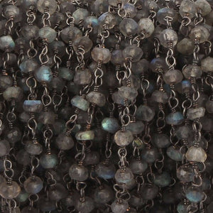 10 Feets Labradorite 3mm Rosary Style Chain - Labradorite Beads in Black Wire Wrapped Beaded Chain Bdb059 - Tucson Beads