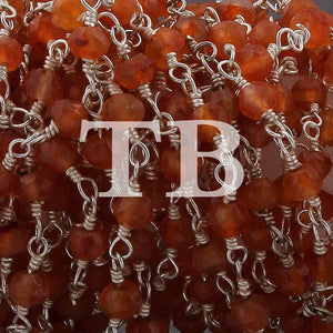 2 Feet Carnelian Rosary 3-3.5mm Style Beaded Chain - Carnelian Beads wire wrapped 925 Silver Plated chain per foot Bds033 - Tucson Beads