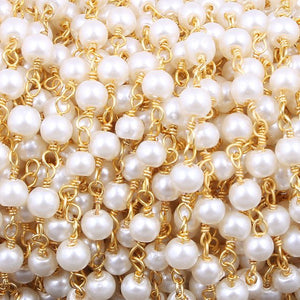 5 feet Pearl 3-3.5mm Rosary Style Beaded Chain - Pearl Beads Wire Wrapped 24k Gold Plated Chain BDG002 - Tucson Beads