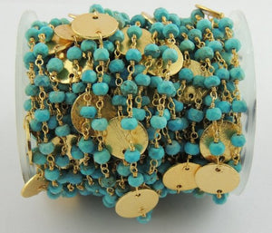 5 FEET Turquoise With Brushed Round Coin 4mm 24K Gold Plated Wire Wrapped Rosary Style Beaded Chain. BDG115 - Tucson Beads