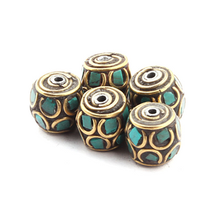 5 PCS Nepalese Beads With Turquoise Coral Inlay - Nepal Tibetan Artisan Handmade Beads 11mmX10mm PAF121 - Tucson Beads