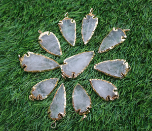 11 PC Crystal Quartz Arrowhead 24k Gold Plated Single Bail Pendant - Electroplated With Gold Edge - 62mmx26mm-48mmx23mm AR207 - Tucson Beads
