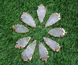 9 PC Crystal Quartz Arrowhead  24k Gold  Plated Single Bail Pendant -  Electroplated With Gold Edge - 65mmx25mm-49mmx24mm AR210 - Tucson Beads