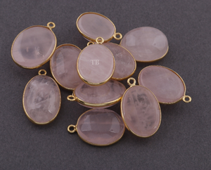 11 Pcs Rose Quartz 24k Gold Plated Oval Shape Single Bail Pendant - Rose Quartz Pendant 21mmx13mm-25mmx16mm PC616 - Tucson Beads