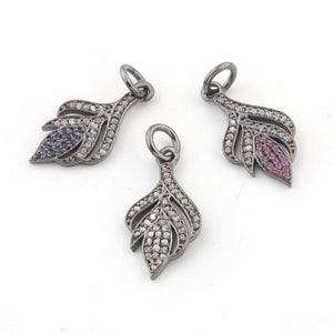 1 Pc Pave Diamond Ruby & Blue Sapphire Leaf Charm Pendant Over 925 Sterling silver - 24mmx12mm PDC701 - Tucson Beads