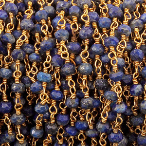 5 Feet Lapis Rosary 3-3.5mm Style Beaded Chain - Lapis Beads wire wrapped 24k Gold Plated chain per foot BDG013 - Tucson Beads