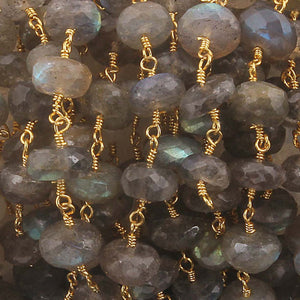 1 Feet Labradorite 6mm Rondelles Rosary Style Chain 24k Gold Plated Wire Wrapped Beaded Chain BD174 - Tucson Beads