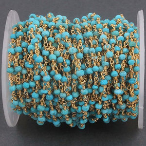 5 Feet Turquoise 3mm-3.5mm 24k gold Plated Rosary Style Beaded Chain - Beads wire wrapped chain BDG029 - Tucson Beads