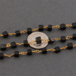 3 Feet Black Onyx Smooth Cube Beaded Chain - Black Onyx Smooth Cubes wire wrapped 24 k Gold plated Rosary Chain 3.5mm-4mm BD477 - Tucson Beads