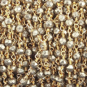 50 Feet Natural Pyrite 3-3.5mm Rosary Style Beaded Chain - BULK Wholesale 24k Gold Plated Chain BDG020 - Tucson Beads